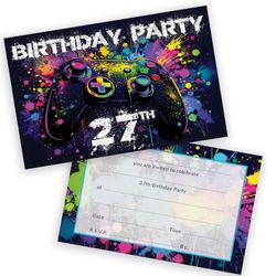 27th Birthday Party Invitations Men Women - Video Gamer Gaming 28 Pack - Adults Birthday Invitations for Friends Family A6 Bday Party Invites Invitation Cards with Folding Envelopes