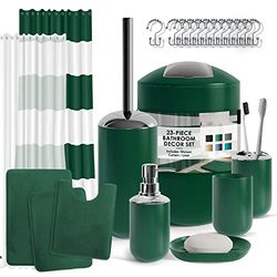 Clara Clark Alfombrilla de Espuma viscoelástica de Terciopelo y Cortina de Ducha, poliéster, Color Verde Cazador, Juego Completo + alfombras de baño