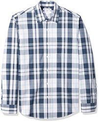 Amazon Essentials mäns Slim-Fit långärmad poplin-skjorta, marinblå vit stor pläd, X-Large