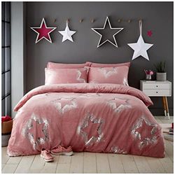 GC GAVENO CAVAILIA Luxury Teddy Sparkling Stars Duvet Set, Premium Cuddly Warm Fluffy Fur Fleece Quilt Bed Cover Set, Double, Blush Pink