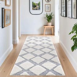 carpet city Scandi, tappeto a pelo lungo, 80 x 150 cm, in stile rustico, colore crema, grigio profondo, effetto 3D, soffice, per soggiorno, camera da letto, a pelo lungo
