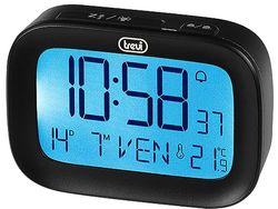 Trevi SLD 3850 Réveil numérique avec thermomètre intégré, Grand écran LCD, Horloge et Calendrier, Fonction Snooze, Noir