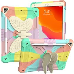 MONCAP Hoes met penhouder riem polsband voor iPad, 10,2 inch 2021 9e /2020 8e /2019 7e , beschermhoes met pennenhouder, stootvast, robuuste hybride cover, kleurrijk roségoud