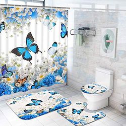 Ikfashoni Juego de 4 cortinas de ducha de flores y mariposas con alfombra antideslizante, cubierta de tapa de inodoro y alfombrilla, cortina de ducha floral colorida con 12 ganchos, cortina de baño de