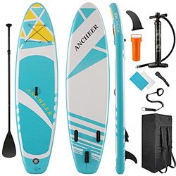 ANCHEER Tablero de Stand Up Paddle Inflable,Tabla de Paddle Surf Hinchable con Accesorios Isup Que Incluyen Mochila, Remo Ajustable, Correa, Aleta, Bomba de Mano, Kit de reparación (Azul Claro)