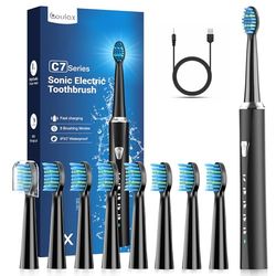 Brosses à Dents Électriques Soniques avec 8 Têtes - Brosse à Dents Électrique pour Adultes et Enfants, 5 modes, IPX7, Une Charge pour 120 Jours D'utilisation, Brosse à Dents Noir Mat
