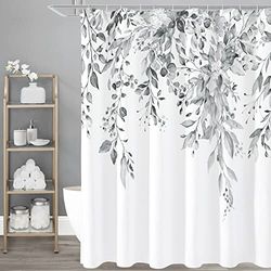 Gibelle Cortina de Ducha de eucalipto Gris, Hojas de Plantas de Acuarela con Flores, Juego de Cortina de Ducha con Ganchos, Gris y Blanco, 72 x 72 Pulgadas