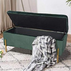 BAKAJI Zitkist Poef voetensteun, slaapkamer, bankkruk, frame van hout, stoffen bekleding van fluweel, openbaar, gevoerd, 105 x 44 x 44 cm, gouden poten (groen)