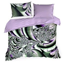 Eurofirany Etta Set di Biancheria da Letto con Motivo Stampato in Cotone, 2 federe e 1 Copripiumino, Viola + Verde, 160X200cm+2x/70X80cm