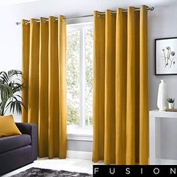 Fusion Sorbonne-100 Par de cortinas com furos, 100% algodão, cor cre/amarelo mostarda, 90 x 90 (229 x 229 cm)