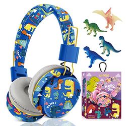 Leuke kinderhoofdtelefoon, draadloos, eenhoornkoptelefoon, cadeaus voor meisjes, Bluetooth-hoofdtelefoon voor kinderen, met microfoon, peuter hoofdtelefoon over het oor voor leeftijd 2+, compatibel met iPad/Fire Tablet (blauw-dino)