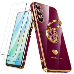 Nonional Custodia per Samsung Galaxy A16 5G con 2 pellicole protettive per lo schermo, supporto ad anello girevole a 360° [motivo cuori di lusso] custodia morbida sottile placcata con bordo dorato per
