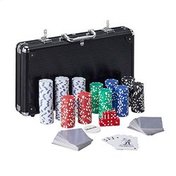 Relaxdays 10031552 pokerfodral, 300 pokerchips utan värde, 2 kortkortplatser, 5 kuber, dealerknapp, låsbar, aluminium, svart