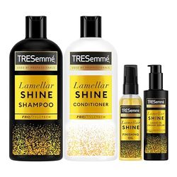 TRESemme Lamellar Shine Hair Care Bundle Shampoo (680 ml), Conditioner (680 ml), Oil (75 ml) & Serum (200 ml) with patented Lamellar Technology for an ultra-glossy salon finish
