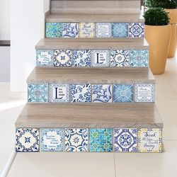 Walplus Tegelstickers Multiverpakking Modern Zelfklevende Tegels Schillen En Plakken Vinyl Decoratie Waterbestendige Keuken Vloer Badkamer Engels Citaat Vintage Blauw 72Pcs 15Cm(6") Blauw Groente Geel