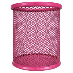 RAYLU PAPER - Pot à Crayon en Maille Métallique Ronde, Porte Crayon en Grille, Organisateur de Bureau, Surface Antidérapante, Porte Stylo Accessoire Bureau Diamètre 90 mm (Fuchsia)