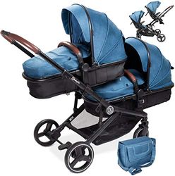 babyGO Barnvagn 3-i-1 för tvillingar – syskonbarnvagn/syskonvagn för spädbarn – tvillingbarnvagn/tvillingvagn för 2 barn med massor av tillbehör (blå, melange-utan babyskål)