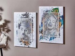 LIENZO IMPR. RETRATO EN VELADURA MARILYN Y CH.CHAPLIN 50% OLEO 60X90CMS. S/2 60x3x90 cms