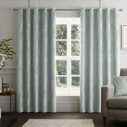 Curtina - Duck Egg Blue Damask Curtains W90 x L90" (229 x 229cm) - Light Blue Jacquard Eyelet Curtains - Botanical Luxury Curtains & Drapes for Living Room & Bedroom - Traditional Drapes/Door Curtain