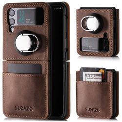 SURAZO Premium echt lederen backcase voor Samsung Galaxy Z Flip 4, stootvast lederen telefoonhoes met kaartenvak, ringstandfunctie, vintage slim bumper, beschermhoes, notenbruin