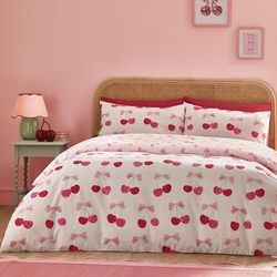Catherine Lansfield Parure de lit réversible avec taies d'oreiller Motif Cerises et nœuds Rose