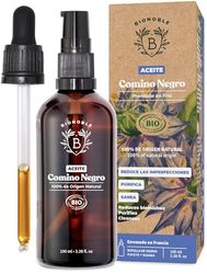 Bionoble Aceite de Comino Negro Orgánico 100ml - Botella de Vidrio + Pipeta + Bomba - 100% Puro y Prensado en Frío - Piel, Cabello y Uñas - Organic Black Seed Oil - Aceite Vegetal Nigella Sativa