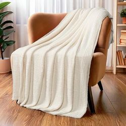 PAVILIA Plush Knit Throw Blanket for Couch, Super Soft Fluffy Throw, Fuzzy Lightweight Blanket for Bed Sofa, Knitted Warm Cozy All Season Throw Blanket (Cream Beige, 50x60 inches)