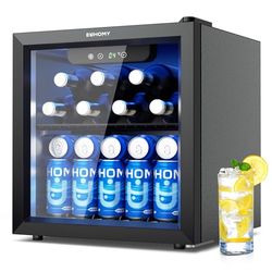 EUHOMY Beer Fridge with Glass Door, Mini Drinks Fridges 55 Can, Wine Cabinet with Blue LED, Beverage Refrigerators, Removable Shelves for Mini Bar/Home/Office/Dorm, Black, 36 L