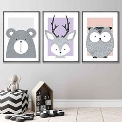 Artze Wall Art Kwekerij Bosdieren Art Prints 3-delige set, 30 cm Breedte x 40 cm Hoogte, Roze/Lila
