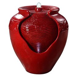 Teamson Home Fontana d'Acqua con Luci per Giardino, Piccola Fontana d'Acqua a Piani per Esterni, Vaso Rosso, Cascata per Interni e Ornamento con Pompa, Arredamento Patio