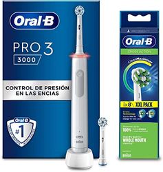 Oral-B PRO 3 Cepillo de Dientes Eléctrico Blanco con Mango Recargable, Sensor de Presión Luminoso, Tecnología Braun, 2 Cabezales de Recambio + 8 Cabezales Blancos Cross Action