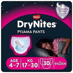 HUGGIES DryNites dziewczęce spodnie piżamowe – rozmiary 4-7 lat (30 spodni) – niezrównana ochrona w nocy z dyskretną ochroną i zabawnymi wzorami, 4-7 Years, Tworzywo sztuczne