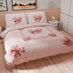 PETTI Artigiani Italiani - Juego de funda nórdica de una plaza y media 200 x 200 cm (2 fundas de almohada de 80 x 80 cm incluidas), juego de funda nórdica de microfibra con impresión digital lazo rosa