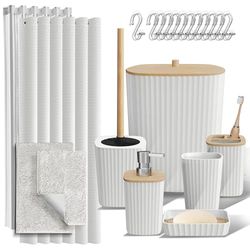 Clara Clark Bathroom Accessories Set - Bathroom Accessory Set with Shower Curtain Set, Toilet Brush, Trash Can & Soap Dispenser & Rugs (White, Complete Set + Bath Rugs)