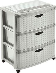 M-Home | Commode de Rangement / 3 Tiroirs + Roulettes | Plastique / Imitiation Osier | Beige Clair Ficelle | 59 x 39 x 65 cm | COMMODE RATTAN L3 | PLS6226-15