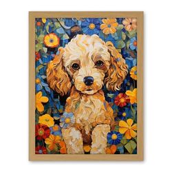 Artery8 Cockapoo Puppy Oil Painting Colourful Bright Bold Floral Fun Artwork Framed Wall Art Print 18X24 Inch