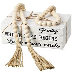 3 Libros Decorativos para decoración del hogar, Libros de imitación Blancos, Libros de exhibición Apilados con borlas de Cuentas de Madera para mesas de café, 58 Pulgadas (Familia Donde Comienza la