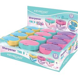 KEYROAD Ergonomische drievoudige puntenslijper met 3 stuks, pastel, 12 stuks, messen van staal, potloden en kleurpotloden, voor kleuterschool, kleuterschool, school, puntenslijper