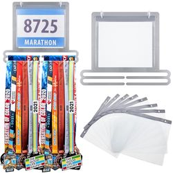 Moxweyeni Medailledisplay, voor medaille en startnummer, hardlopen, hanger, houder, wandmontage, rek, geschenken voor hardlopers, zwart, 35 x 28,5 cm, zilver