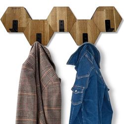 FLEXISTYLE Perchero hexagonal de pared de madera de roble negro, diseño moderno, habitación juvenil, baño natural (roble, 56)