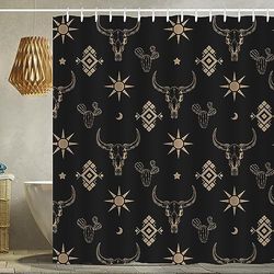 Western Bull Skull Shower Curtain Boho Cow Longhorn Skull Head Cactus Bohemian Black and Gold Shower Curtain with Hooks 72x72 Inch Waterproof Polyester Bathroom Curtain (Black Gold Bull Skull)