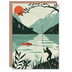 Artery8 Angling Line Fishing Mountain Lake Landscape Blank For Him Or Her Art Birthday Card