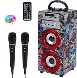 Máquina de Karaoke Portátil DYNASONIC, Altavoz Karaoke con 2 Micrófonos, Altavoz Bluetooth, Luz USB incluida, Lector USB y SD, diseño Exclusivo, Regalo Original (025-21 luz)