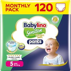 Babylino Sensitive Cotton Soft Pieluchy Majtki Rozmiar 5, Junior Pants (10-16 kg), 120 sztuk