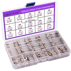 QBGTFAK 250 fusibili rapidi in vetro assortiti, 250 V, 1 A, 2 A, 3 A, 5 A, 6 A, 7 A, 8 A, 10 A, 15 A, 20 A, 6 x 30 mm, 250 V 1 A, 5 A, 10 A, 15 A, 20 A, 5 x 20 mm (5 x 20 mm e 6 x 30 mm)