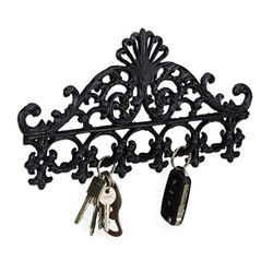 relaxdays Cabide de parede, cabide chaves, 5 ganchos, barroco, rústico vintage, ferro fundido, 17 x 35 x 3,5 cm, preto