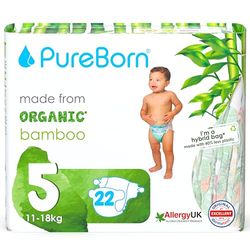 PureBorn Eco Organic Bambusowe pieluchy, Rozmiar 5 (11-18 kg), 22 sztuki, Hipoalergiczne, Ultra miękkie, Ekologiczne, Różne Nadruki, Wskaźnik Wilgotności