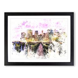 Manhattan From Brooklyn Bridge Watercolour Modern Framed Wall Art Print, Ready to Hang Picture for Living Room Bedroom Home Office Décor, Black A4 (34 x 25 cm)