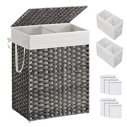 SONGMICS Panier à linge avec couvercle, panier à linge de 90 l avec 2 sacs à doublure amovible et 6 sacs en maille, panier à linge en osier, panier à linge double pour salle de bain, 33 x 45 x 60 cm,