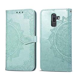 Carcasa de telefono Patrón for la galaxia J8 + A medio camino de la mandala de grabación en relieve del cuero del tirón con el sostenedor y ranuras for tarjetas y monedero y la cuerda de seguridad (Ne